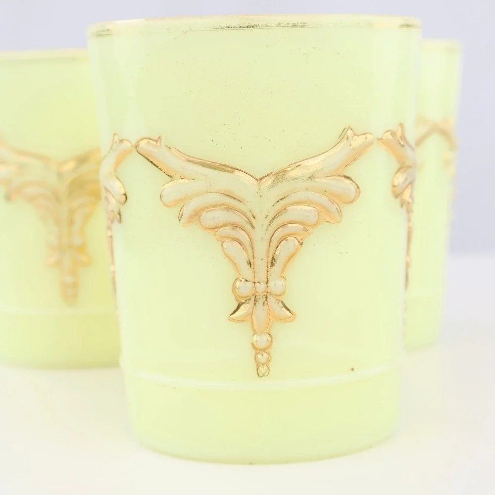 Vintage Heisey Winged Scroll Uranium Glass Tumblers Set of 3 Gold Gilt Cups